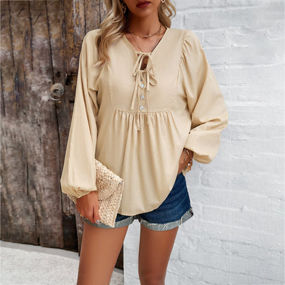 Women's Solid Colour Cotton Blouse V-Neck Loose Fit Long Sleeve Top