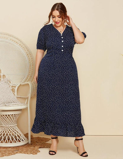 Women's Plus Size Polka Dot Fitted Maxi Dress Short Sleeve V-Neck Button Detail