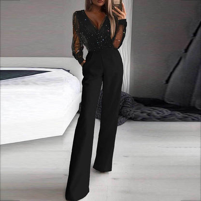 Women's Elegant Mesh Sparkle Top Fitted Trousers Jumpsuit V-Neck Pockets Outfit