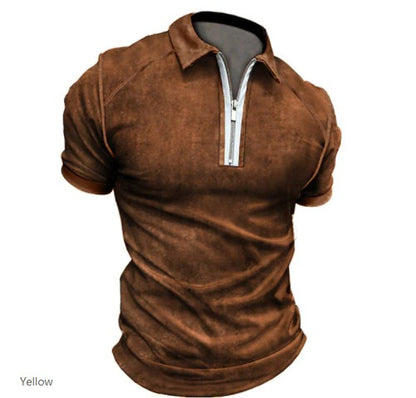 Men's Polo Shirt Zipper Collar Short Sleeve Detailed Shoulder Casual T-shirt