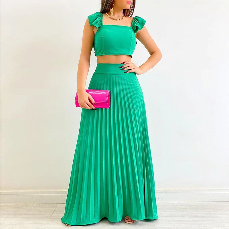 Women's Solid Colour Two Piece Set Co-ords Short Tank Top High Waist Pleated Maxi Length Skirt