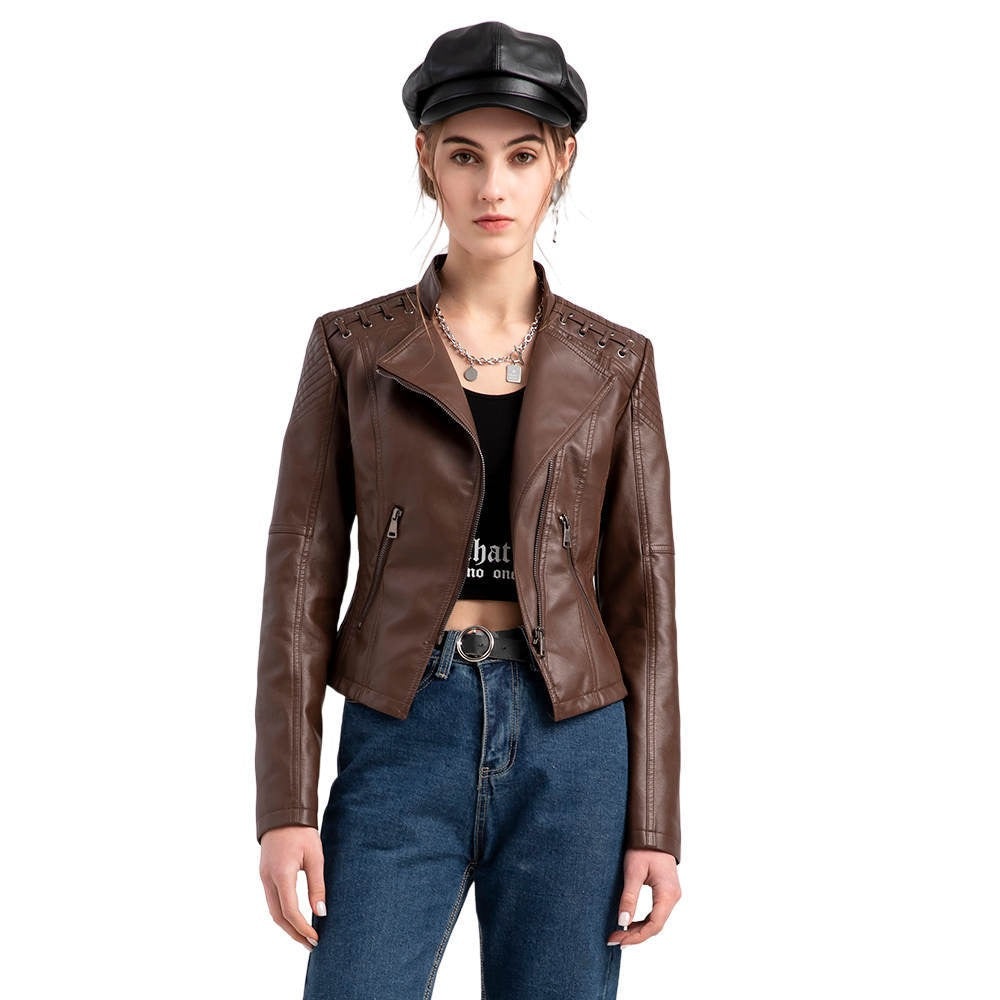 Women's PU Leather Jacket Long Sleeved Pockets Shoulder Detail Fitted Waist Zip Pockets Casual Fashion