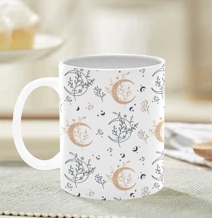 Moon Floral Leaves Print Wrap Drinkware White 11oz Ceramic Cup Mug