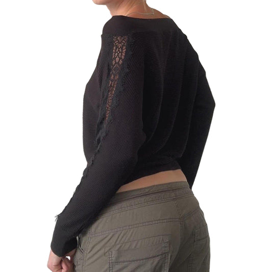 Women's Black Off Shoulder Lace Sleeve Knit Jumper