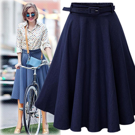 Women's Denim Skirts A-line High Elastic Waist Streetwear Midi Pleated Casual Fashion