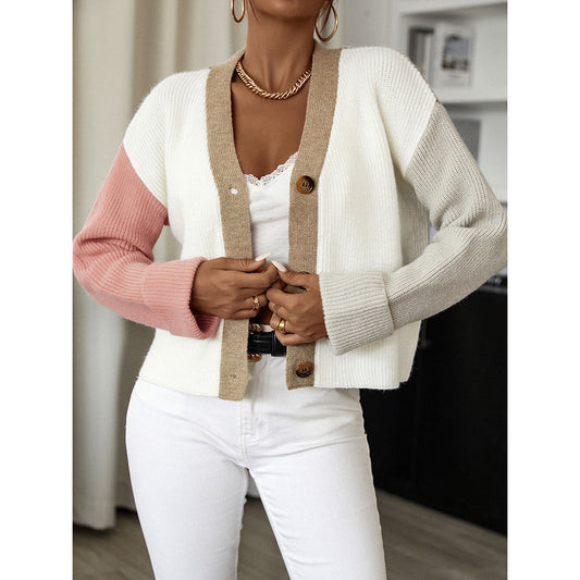 Women's Colour Block Knit Cardigan Loose Short Button Front V-Neck