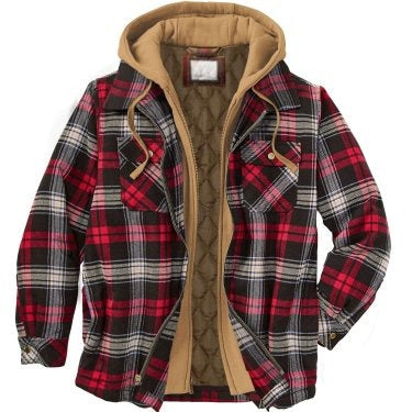 Men's Check Striped Plaid Lined Hooded Jacket Long Sleeve Button Front Shirt