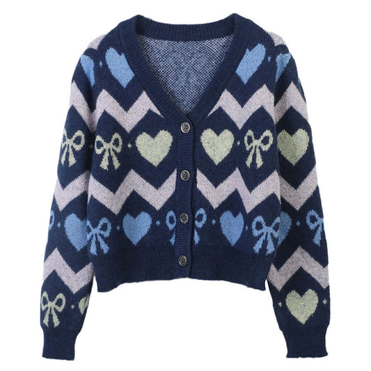 Women Love Heart Bow Knitted Cardigan Sweater V-Neck Long Sleeve Button Front