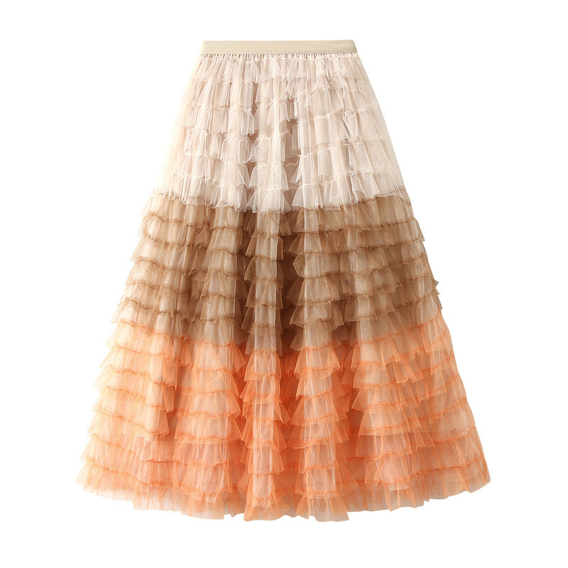 Women's Gradient Colour Block Layered Mesh Midi Skirt