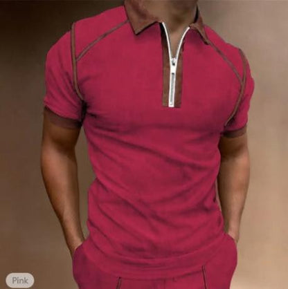 Men's Polo Shirt Zipper Collar Short Sleeve Detailed Shoulder Casual T-shirt