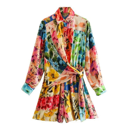 Women's Floral Rainbow Paint Print Playsuit Side Tie Belt Detail Long Sleeve Button Front Collar