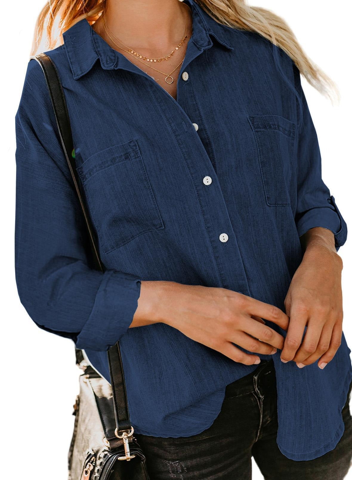 Women's Denim Style Lightweight Shirt Loose Fitting Double Pocket Long Sleeved Blouses