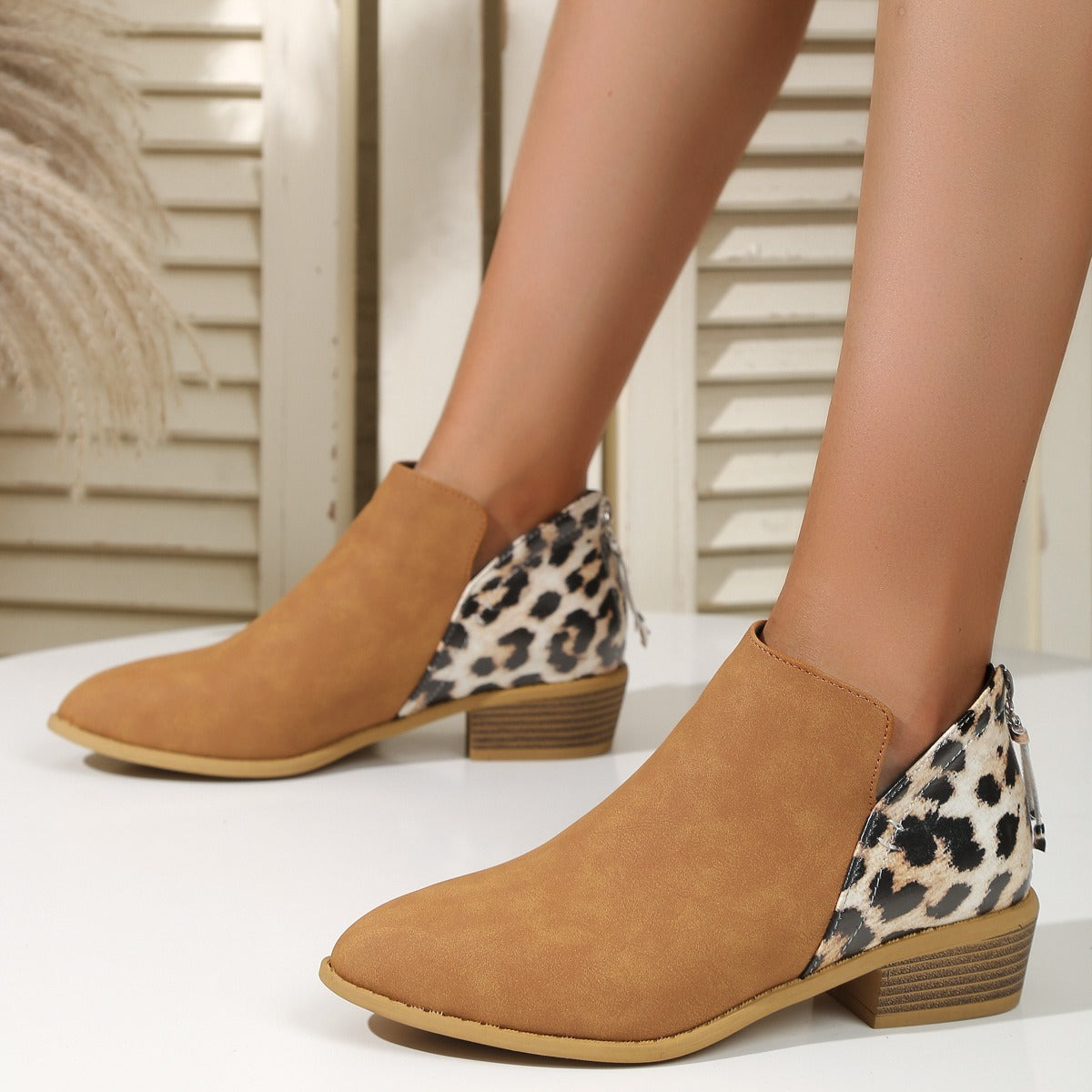 Women's Suede Leopard Print Ankle Boots Pointed Low Thick Heels Back Zipper Shoes