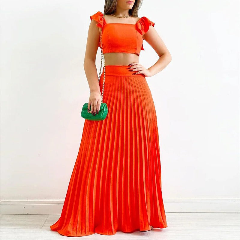 Women's Solid Colour Two Piece Set Co-ords Short Tank Top High Waist Pleated Maxi Length Skirt