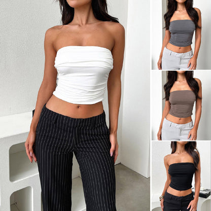 Women's Solid Colour Ruffled Strapless Fitted Crop Top