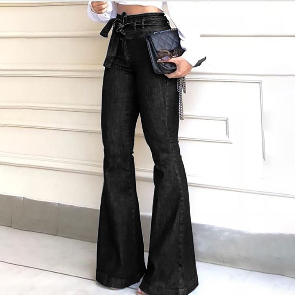 Women's Denim Jeans High Waist Tie Belt Detail Flared Fitted Pants