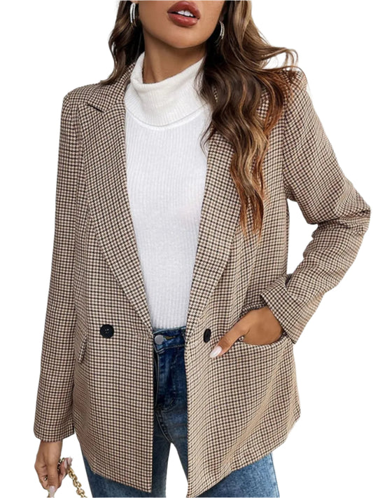 Women's Beige Brown Houndstooth Lapel Collar Long Sleeve Blazer