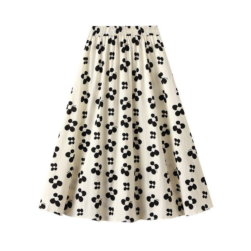 Women's Retro Print Skirt Cotton Layered High Elastic Waist Pleated Flare A-Line Midi Length