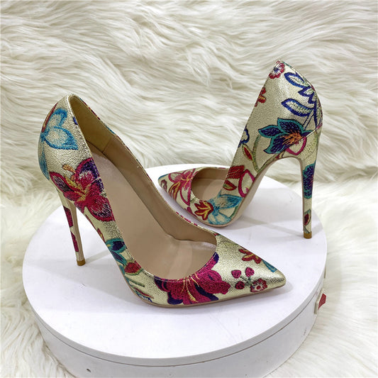 Women's Gold Pink Floral Pointed Toe Stiletto High Heel Shoes