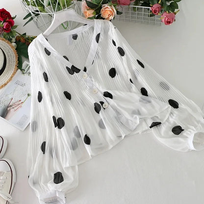 Women's Polka Dot Chiffon Blouse Long Puff Sleeve Loose Fitted Top One Size