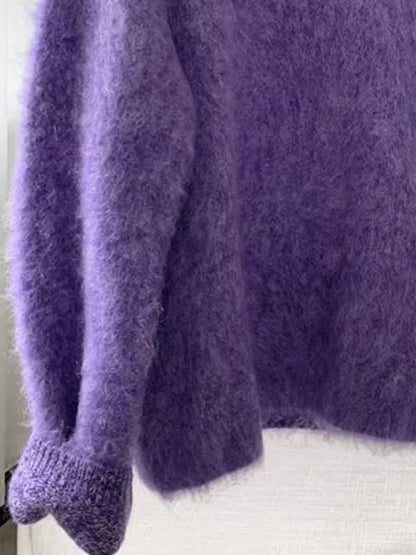 Women's Purple Mohair Style Knitted Pullover Sweater Loose Thickened Soft Warm Jumper