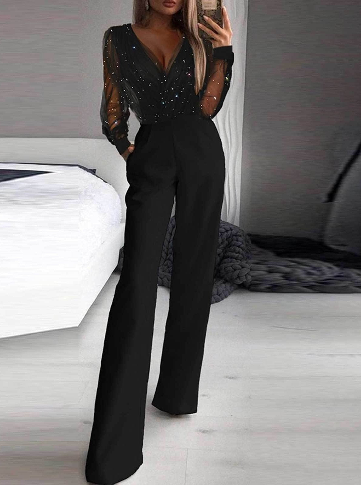 Women's Elegant Mesh Sparkle Top Fitted Trousers Jumpsuit V-Neck Pockets Outfit