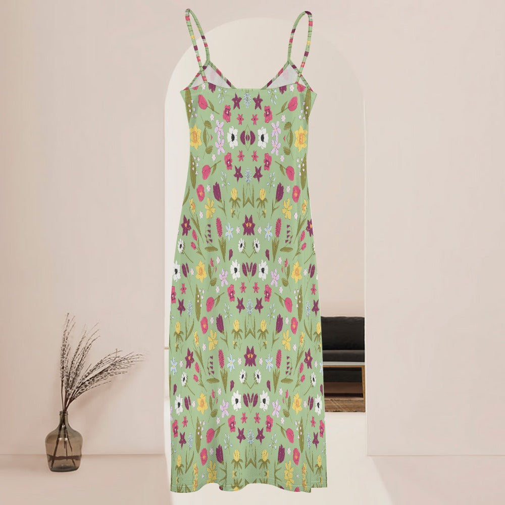 Plus Size Women's Floral Print Cami Spaghetti Strap Long Maxi Dress Green