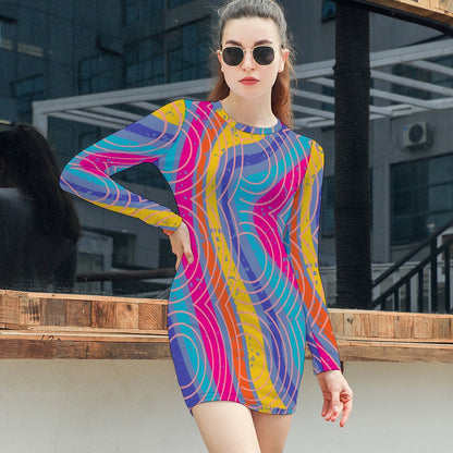 Women's Abstract Stripe Circle All Over Print Short Mini Bodycon Long Sleeve Skinny Fashion Summer Dress - 4 colours available