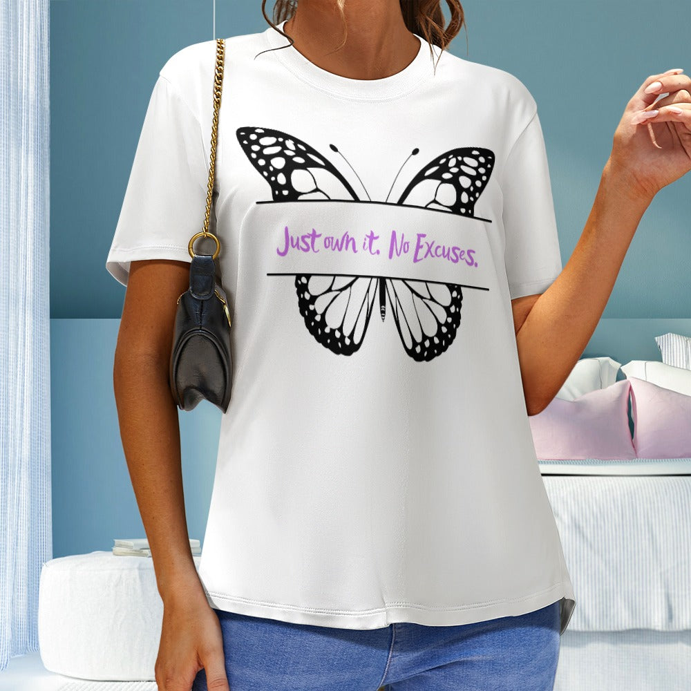 Women's Just Own It No Excuses Butterfly Letter Print T-Shirt Round Neck Short Sleeve Top All Sizes