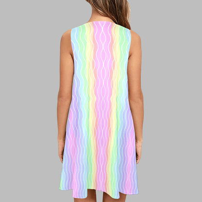 Women's Rainbow Stripe Sleeveless A-Line Dress with Pockets