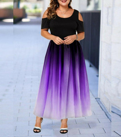 Women's Plus Size Ombre Maxi Dress Cut Out Shoulder Short Sleeve Fitted Waist