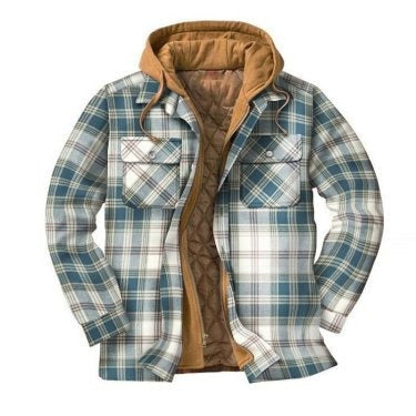 Men's Check Striped Plaid Lined Hooded Jacket Long Sleeve Button Front Shirt