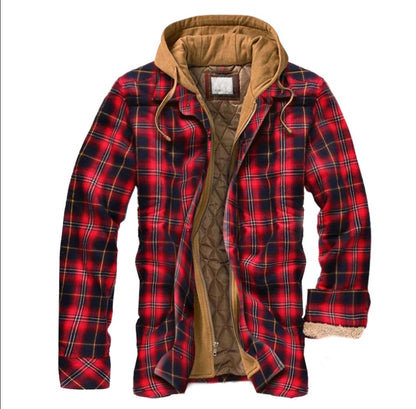 Men's Check Striped Plaid Lined Hooded Jacket Long Sleeve Button Front Shirt