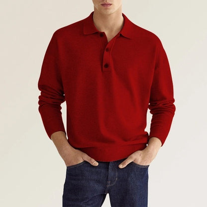 Men's Solid Colour Polo Shirt Long Sleeve Button Collar Loose Fit Casual Top