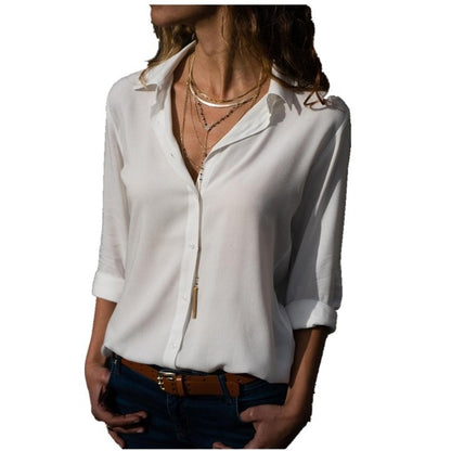 Women's Solid Colour Chiffon Blouse Long Sleeve V-Neck Button Front Casual Shirt