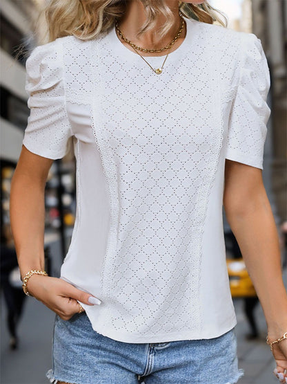 Women's White Bubble Sleeve Textured Top