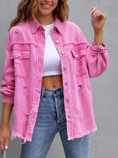 Women's Denim Jacket Medium Length Long Sleeve Button Front Loose Fit Distressed Hem