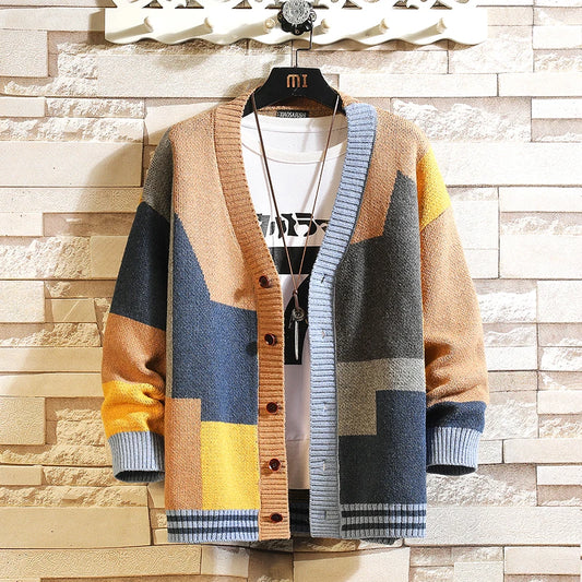 Men's Vintage Stitching Colours Cardigan V-Neck Long Sleeve Button Front Knitwear