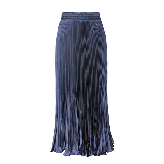 Women's Satin Metallic Pleated Maxi Skirt Long Organ Fan Long Length Elastic Waist