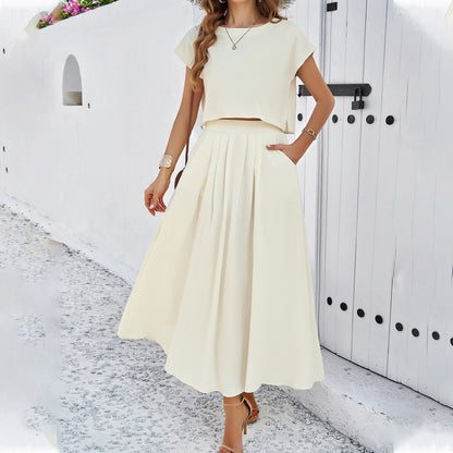 Women's Solid Colour Top and Long Skirt Two Piece Set Soft Loose Fitted Short Sleeve Flare A-Line With Pockets Outfit