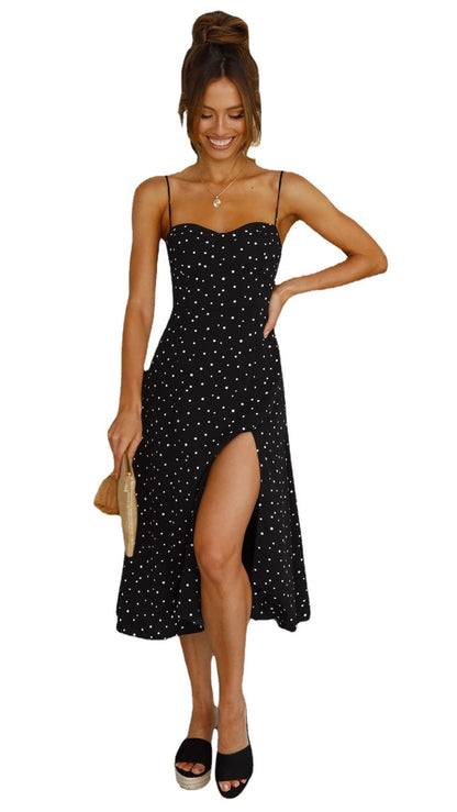 Women's Polka Dot Spaghetti Strap Split Leg Midi Dress