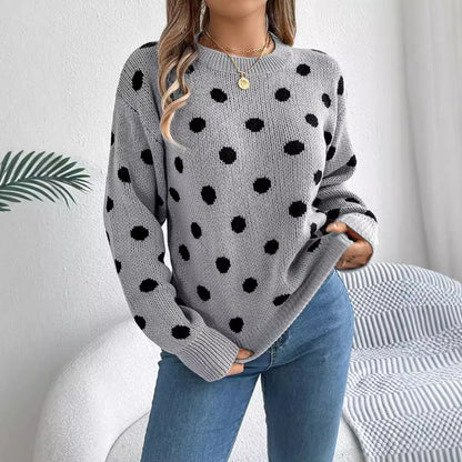 Women's Knitted Contrast Colour Polka Dot Jumper Long Sleeve Round Neck Sweater