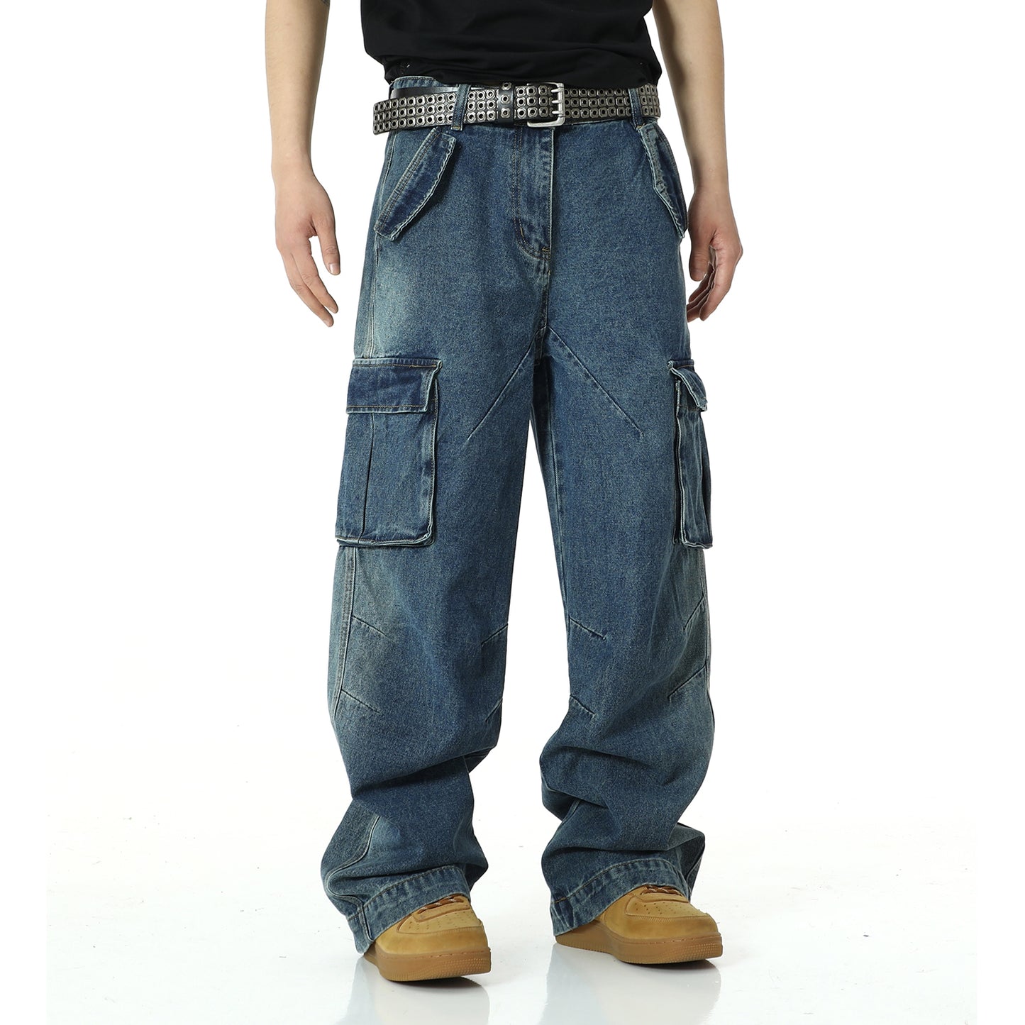 Men's Denim Jeans Multi Pocket Heavy-duty Loose Fit Trousers