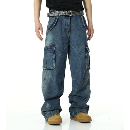 Men's Denim Jeans Multi Pocket Heavy-duty Loose Fit Trousers