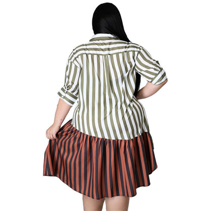 Women's Plus Size Striped Patchwork Knee Length Dress Fitted Belt Waist Button Front