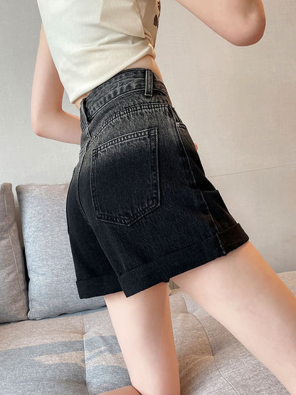 Women's Black Ombre Faded Wash Denim Shorts High Waist Fitted Jeans