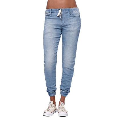 Women's Plus Size Denim Jeans Loose Cuffed Hem Drawstring Jogger Style Casual Trousers