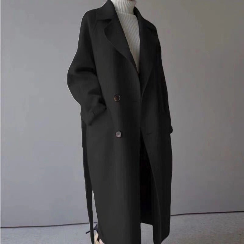 Women's Cashmere Feel Long Coat Hepburn Style Double Breasted Tie Waist Belt Knee Length with Pockets