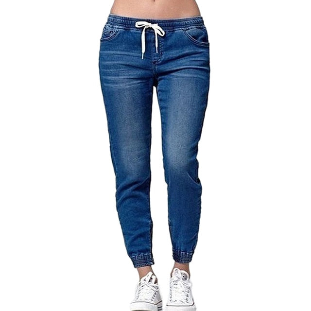 Women's Plus Size Denim Jeans Loose Cuffed Hem Drawstring Jogger Style Casual Trousers