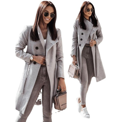 Women's Double Breasted Coat Midi Length Tie Belt Waist Fitted Jacket